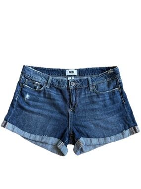 PAIGE Medium Blue Rolled-Hem Denim Shorts